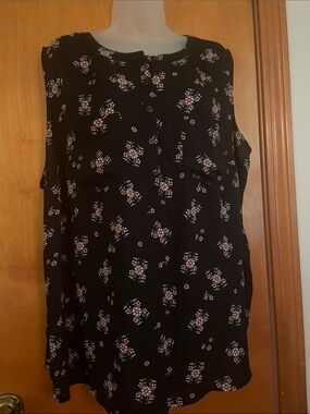 LOFT Plus Black Floral Sleeveless Blouse with Pink Yellow and Blue Flowers